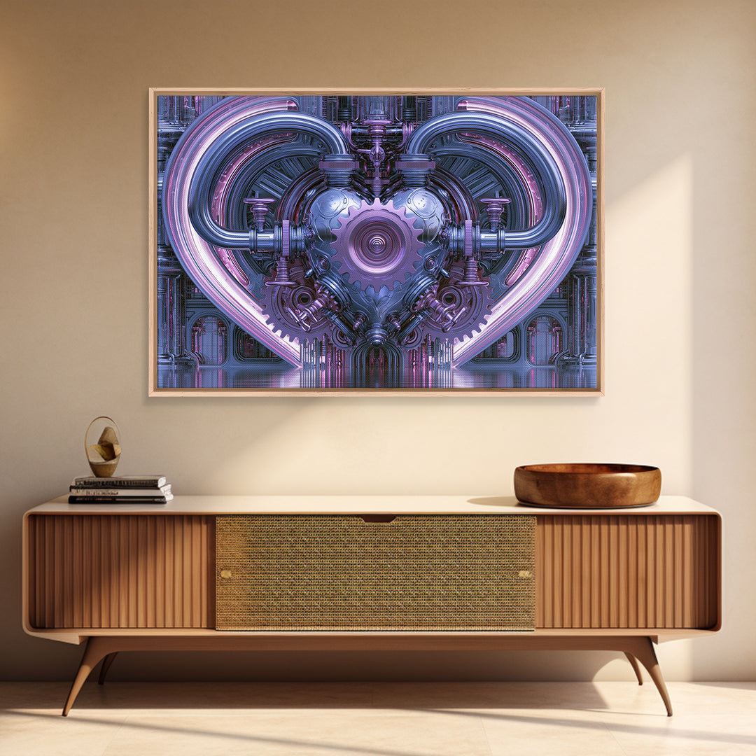 Gear Heart with Pipes and Valves Framed Canvas Print, Steampunk Art, Retro Decor, Living Room Decor, Fine Art, Mechanic, STE-3x2-24