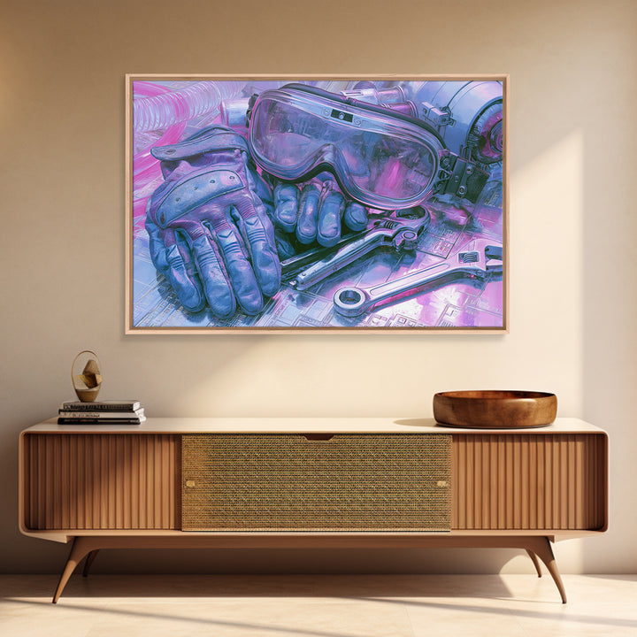 Goggles Gloves and Wrench Still Life Framed Canvas Print, Steampunk Art, Gallery Decor, Living Room Decor, Fine Art, Mechanic, STE-3x2-27