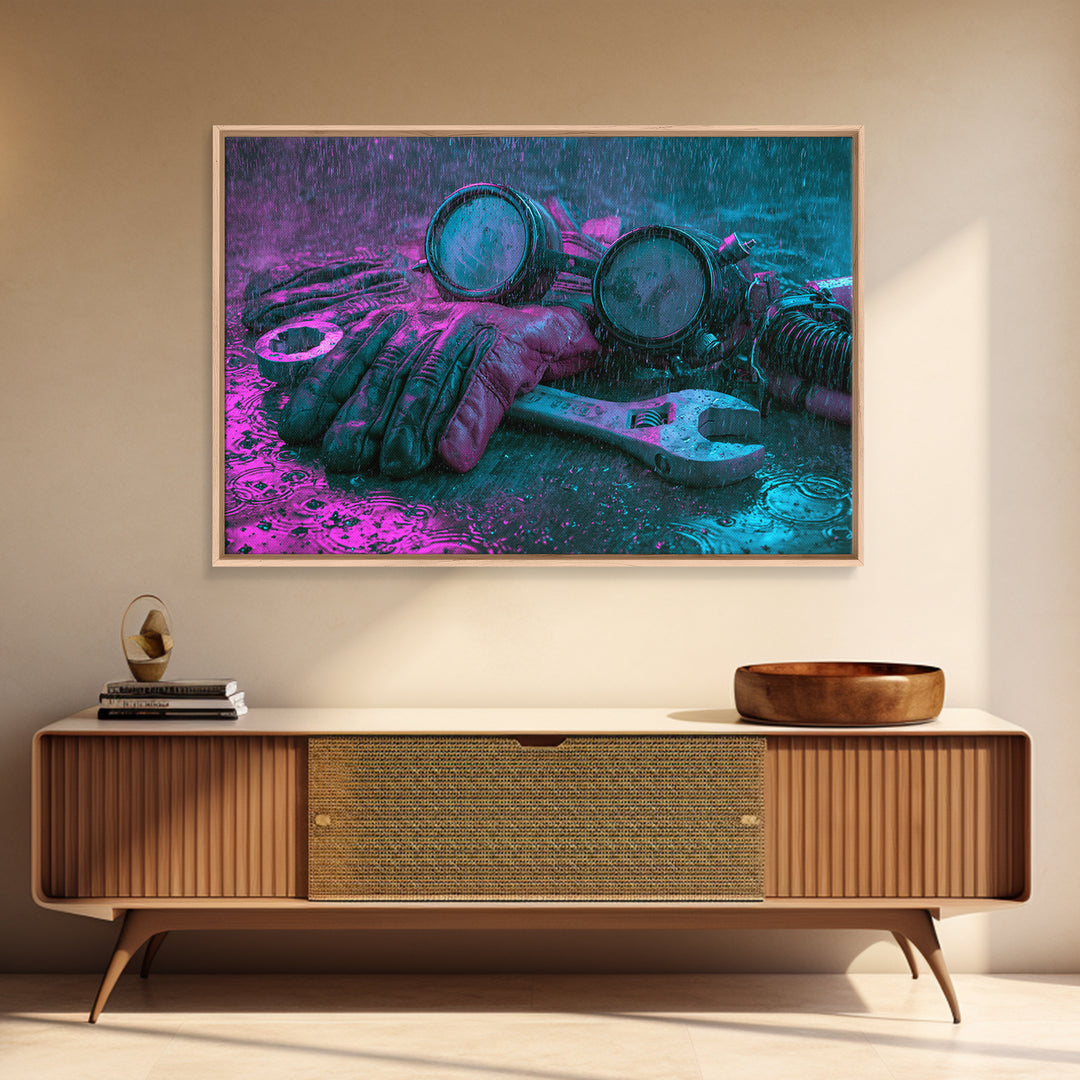 Goggles Gloves and Wrench Still Life Canvas Print, Steampunk Art, Retro Decor, Living Room Decor, Fine Art, Mechanic, STE-3x2-3