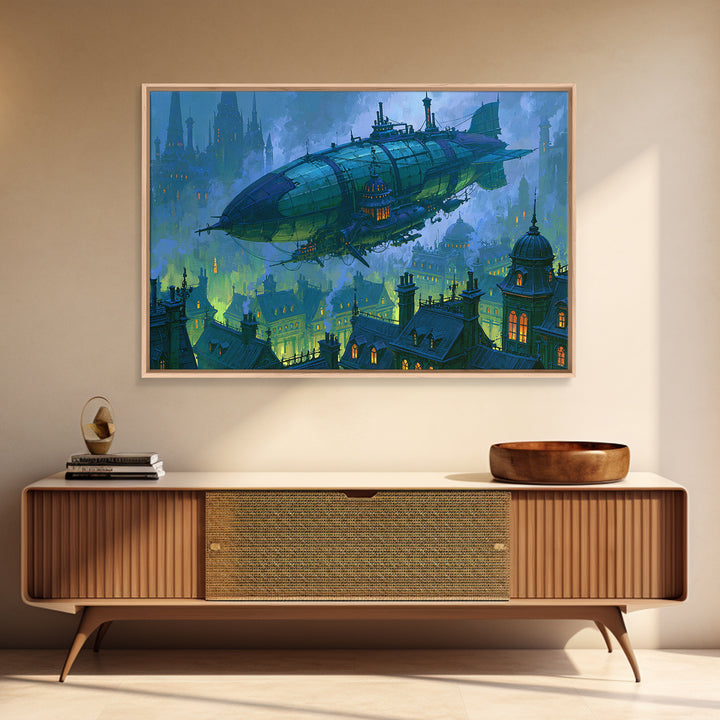 Airship Floating Above Victorian City Roofs Canvas Print, Steampunk Art, Modern Art, Living Room Decor, Fine Art, Mechanic, STE-3x2-30