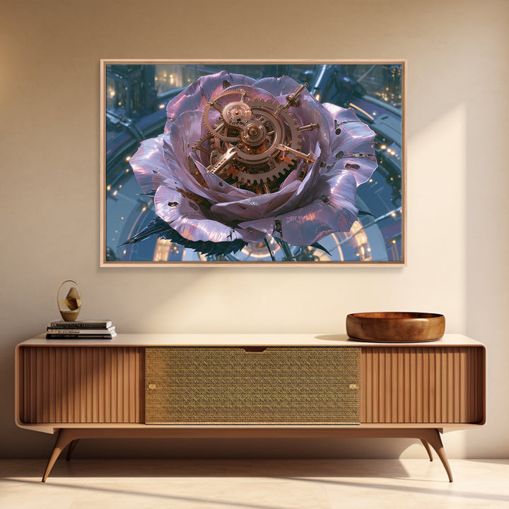 Mechanical Rose Made of Copper Gears Framed Canvas Print, Steampunk Art, Statement Artwork, Living Room Decor, Mechanic, STE-3x2-31