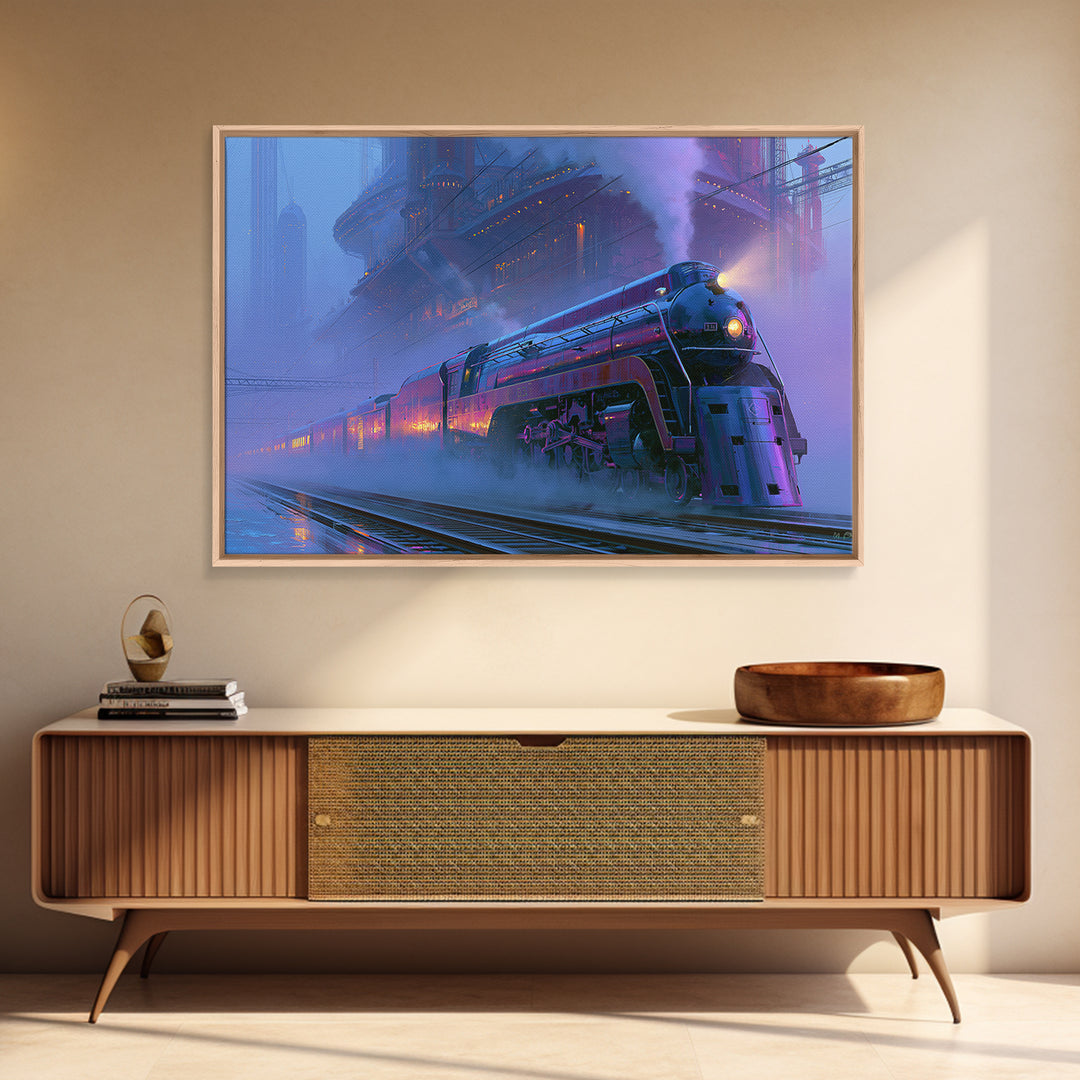 Steam Locomotive Racing Through Fog Canvas Print, Steampunk Art, Digital Download Art, Living Room Decor, Watercolor Art, STE-3x2-34