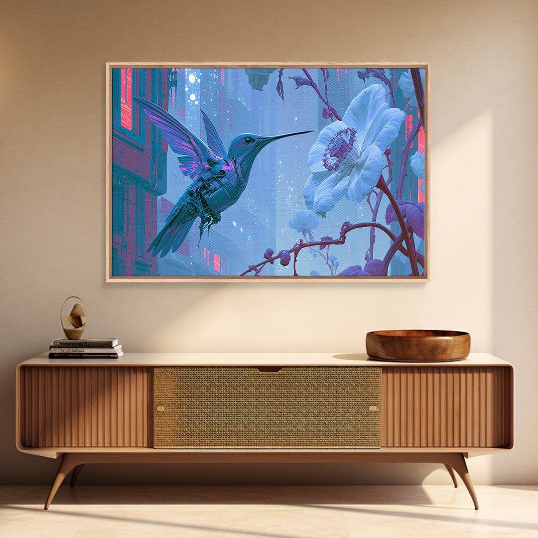 Mechanical Hummingbird Hovering Near Flower Canvas Print, Steampunk Art, Dark Art, Living Room Decor, Watercolor Art, Mechanic, STE-3x2-37