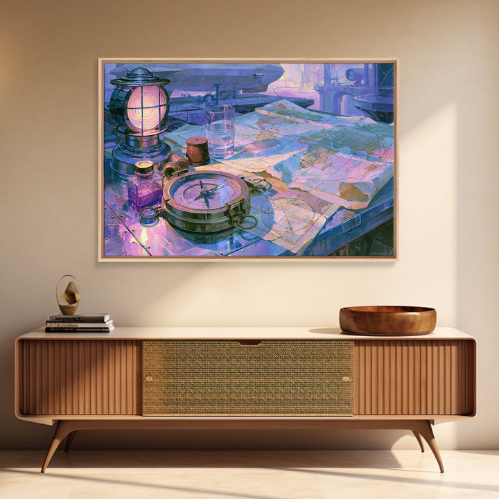 Airship Captain Map and Compass Still Life Canvas Print, Steampunk Art, Wall Art Living Room, Living Room Decor, Mechanic, STE-3x2-46