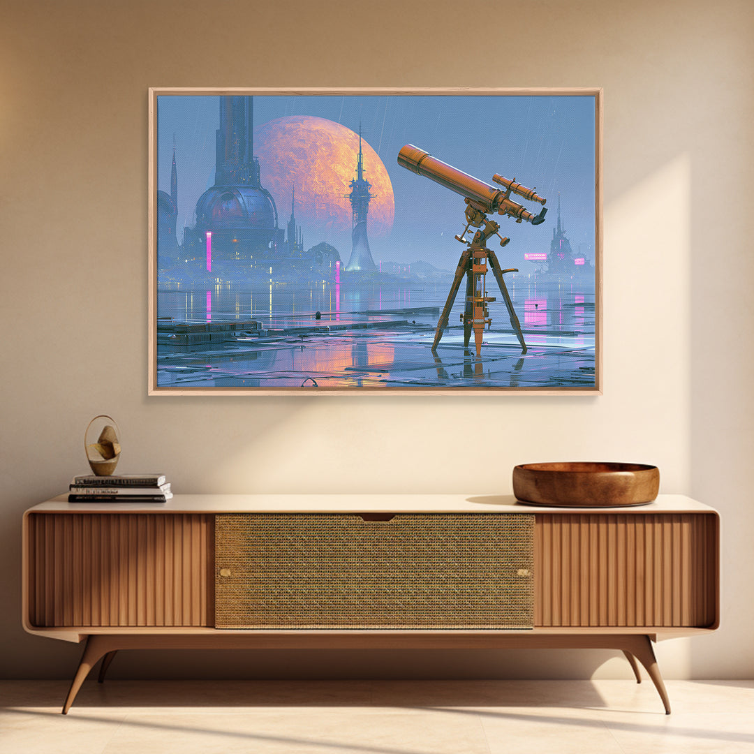 Brass Telescope Aimed at Copper Moon Canvas Print, Steampunk Art, Steampunk Lamp, Living Room Decor, Abstract Art, Mechanic, STE-3x2-52