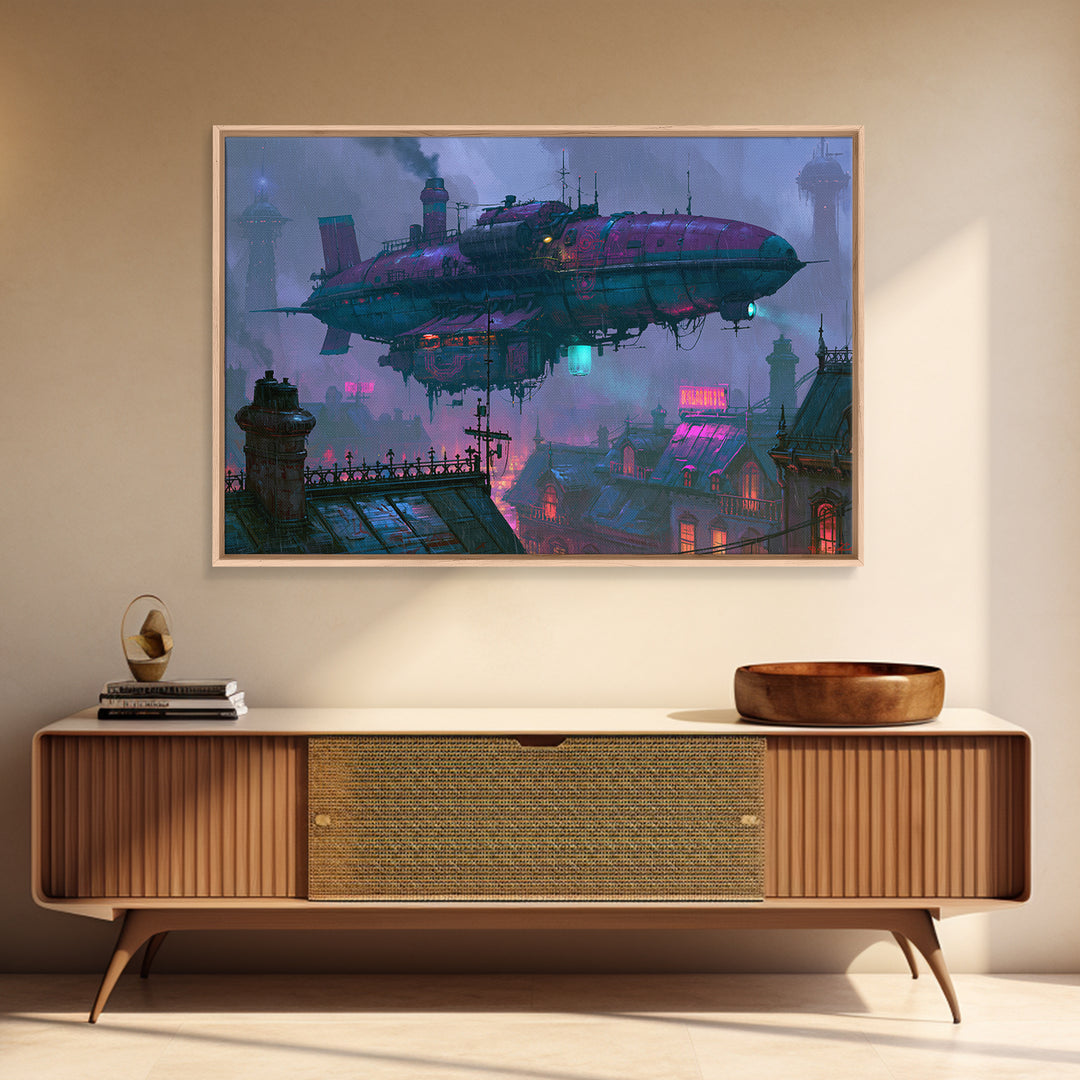 Airship Floating Above Victorian City Roofs Canvas Print, Steampunk Art, Modern Art, Living Room Decor, Fine Art, Mechanic, STE-3x2-54