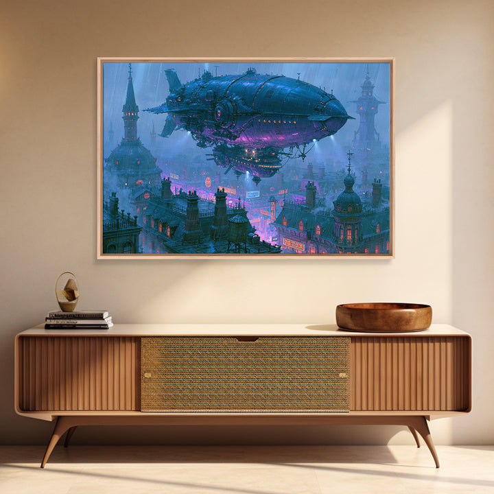 Airship Floating Above Victorian City Roofs Framed Canvas Print, Steampunk Art, Boho Wall Art, Living Room Decor, Mechanic, STE-3x2-6