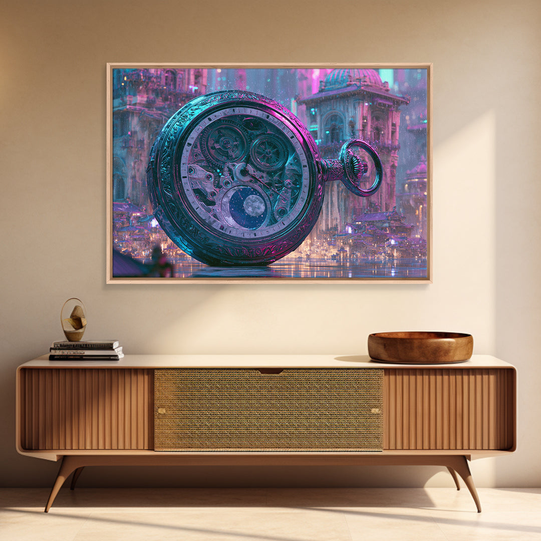 Gear Filled Pocket Watch Framed Canvas Print, Steampunk Art, Textured Painting, Living Room Decor, Fine Art, Mechanic, STE-3x2-60
