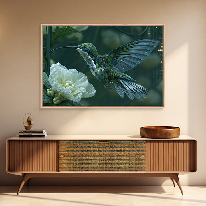 Mechanical Hummingbird Hovering Near Flower Canvas Print, Steampunk Art, Dark Art, Living Room Decor, Watercolor Art, Mechanic, STE-3x2-61