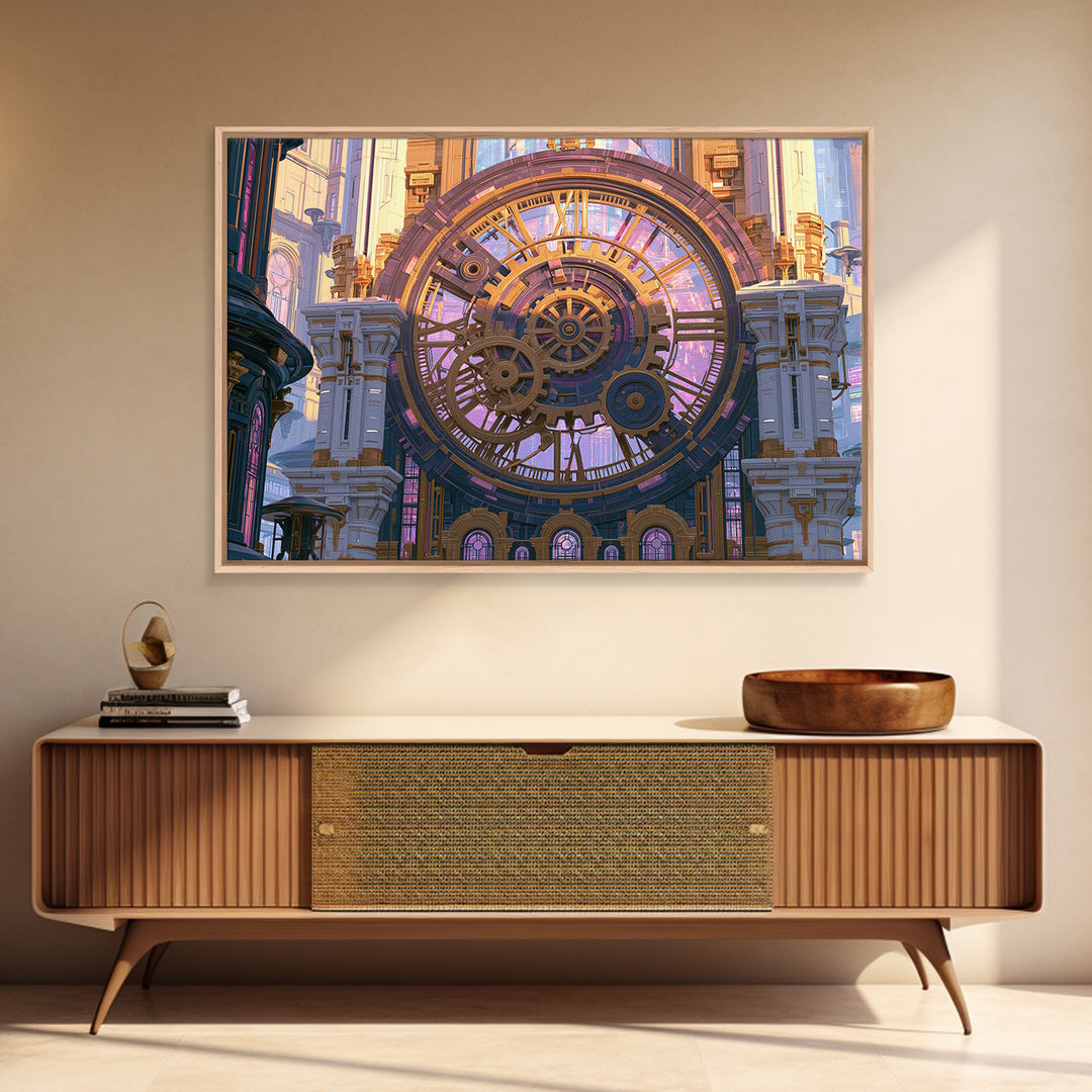 Clock Tower Gears Framed Canvas Print, Steampunk Art, Abstract Art Print, Living Room Decor, Watercolor Art, Mechanic, STE-3x2-65
