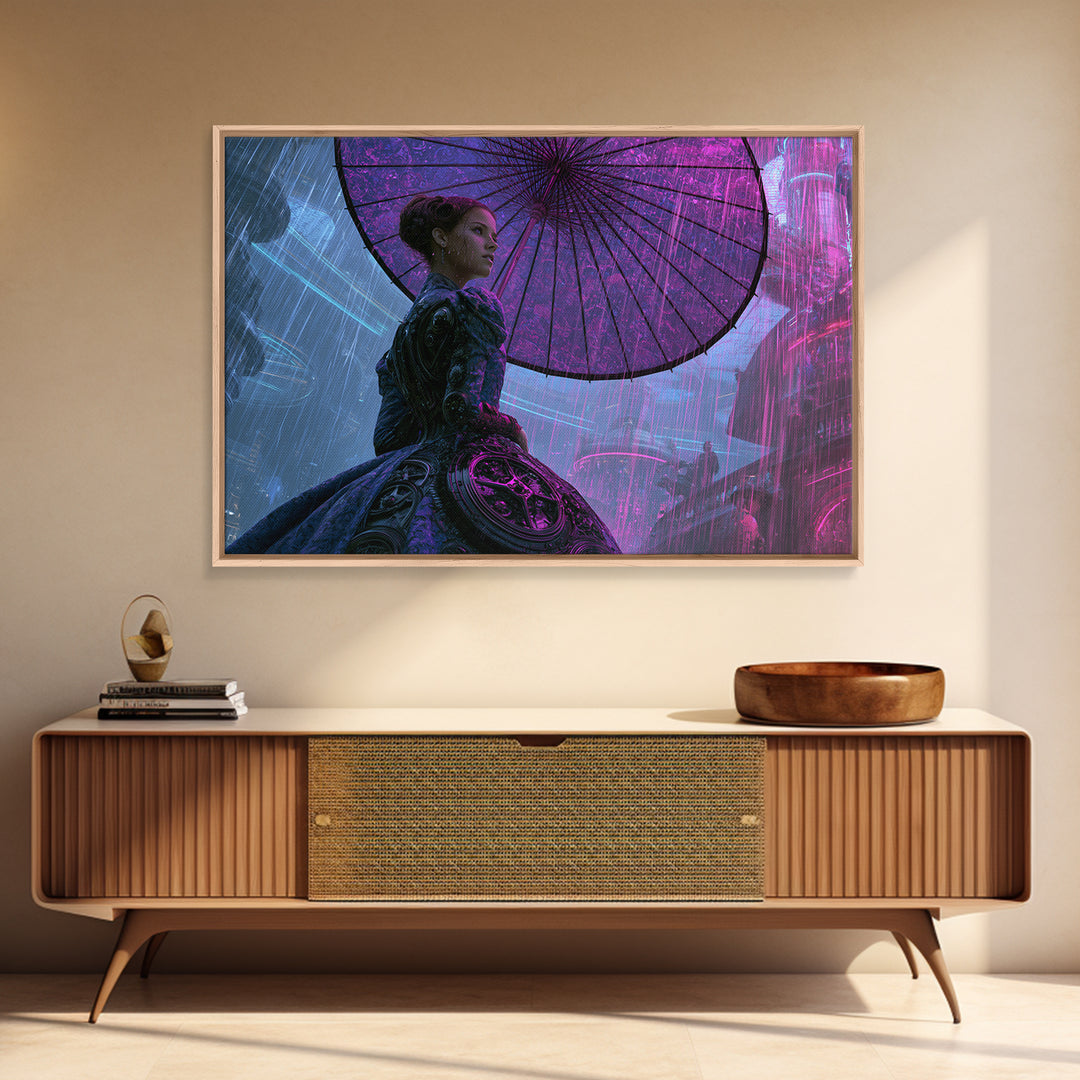 Victorian Lady with Clockwork Dress Details Framed Canvas Print, Steampunk Art, Gallery Decor, Living Room Decor, Mechanic, STE-3x2-69