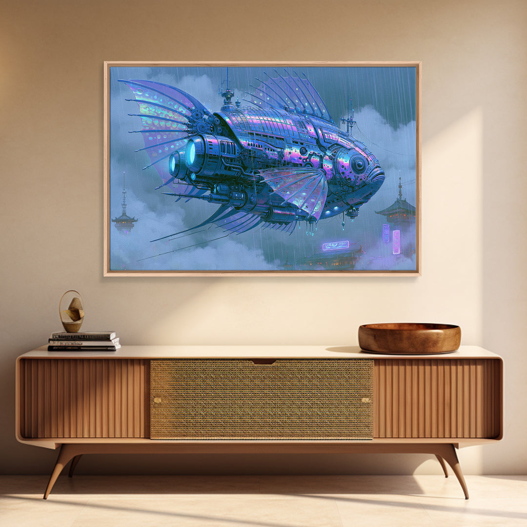 Mechanical Fish Swimming Through Clouds Framed Canvas Print, Steampunk Art, Cat Art, Living Room Decor, Oil Painting, Mechanic, STE-3x2-74