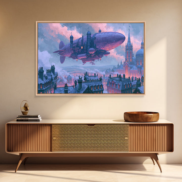 Airship Floating Above Victorian City Roofs Framed Canvas Print, Steampunk Art, Man Cave Decor, Living Room Decor, Mechanic, STE-3x2-78