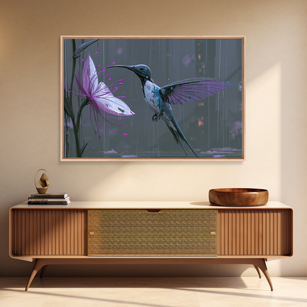 Mechanical Hummingbird Hovering Near Flower Framed Canvas Print, Steampunk Art, Statement Artwork, Living Room Decor, Mechanic, STE-3x2-85