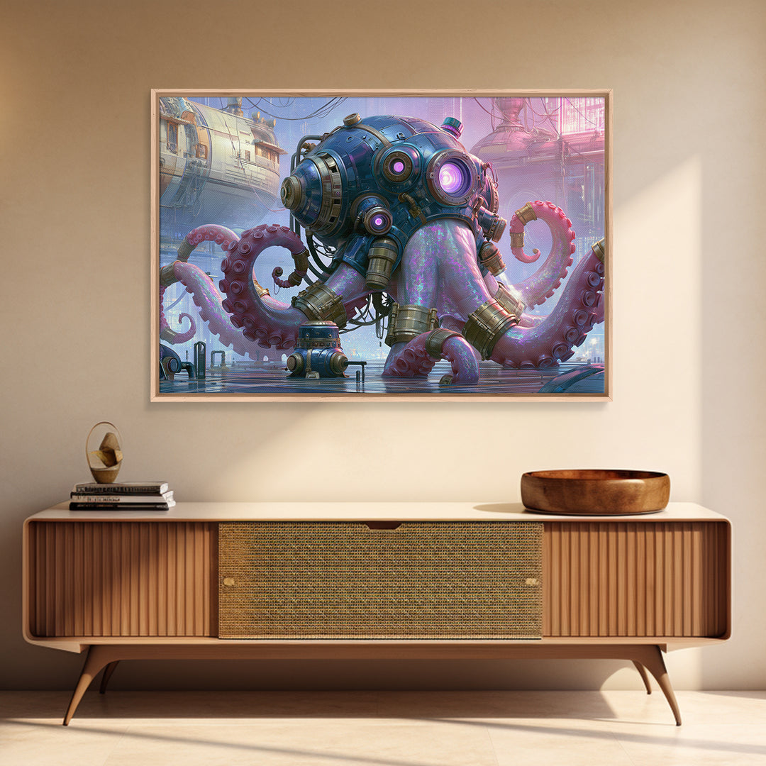 Steampunk Octopus with Brass Tentacles Framed Canvas Print, Steampunk Art, Modern Art, Living Room Decor, Fine Art, Mechanic, STE-3x2-9