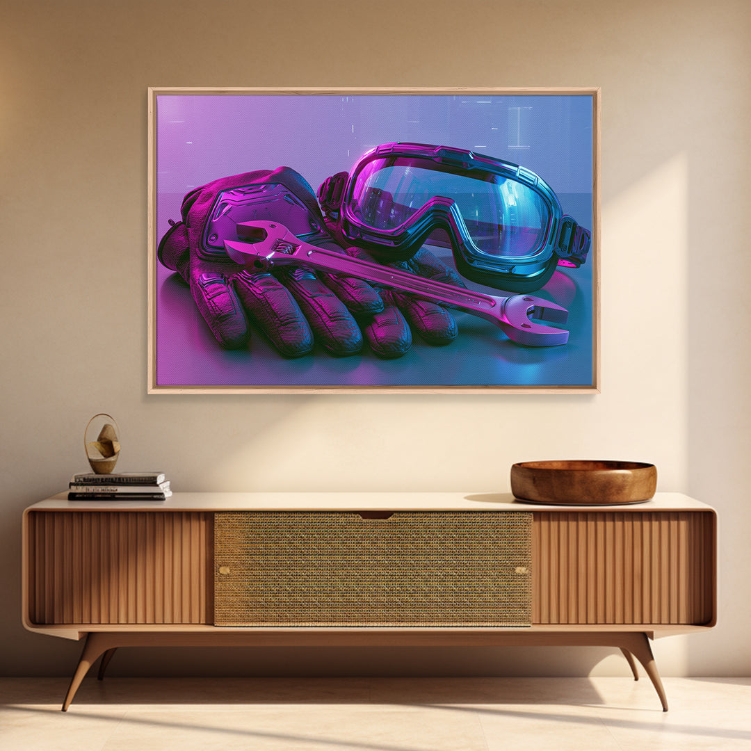 Goggles Gloves and Wrench Still Life Framed Canvas Print, Steampunk Art, Abstract Art, Living Room Decor, Fine Art, Mechanic, STE-3x2-99