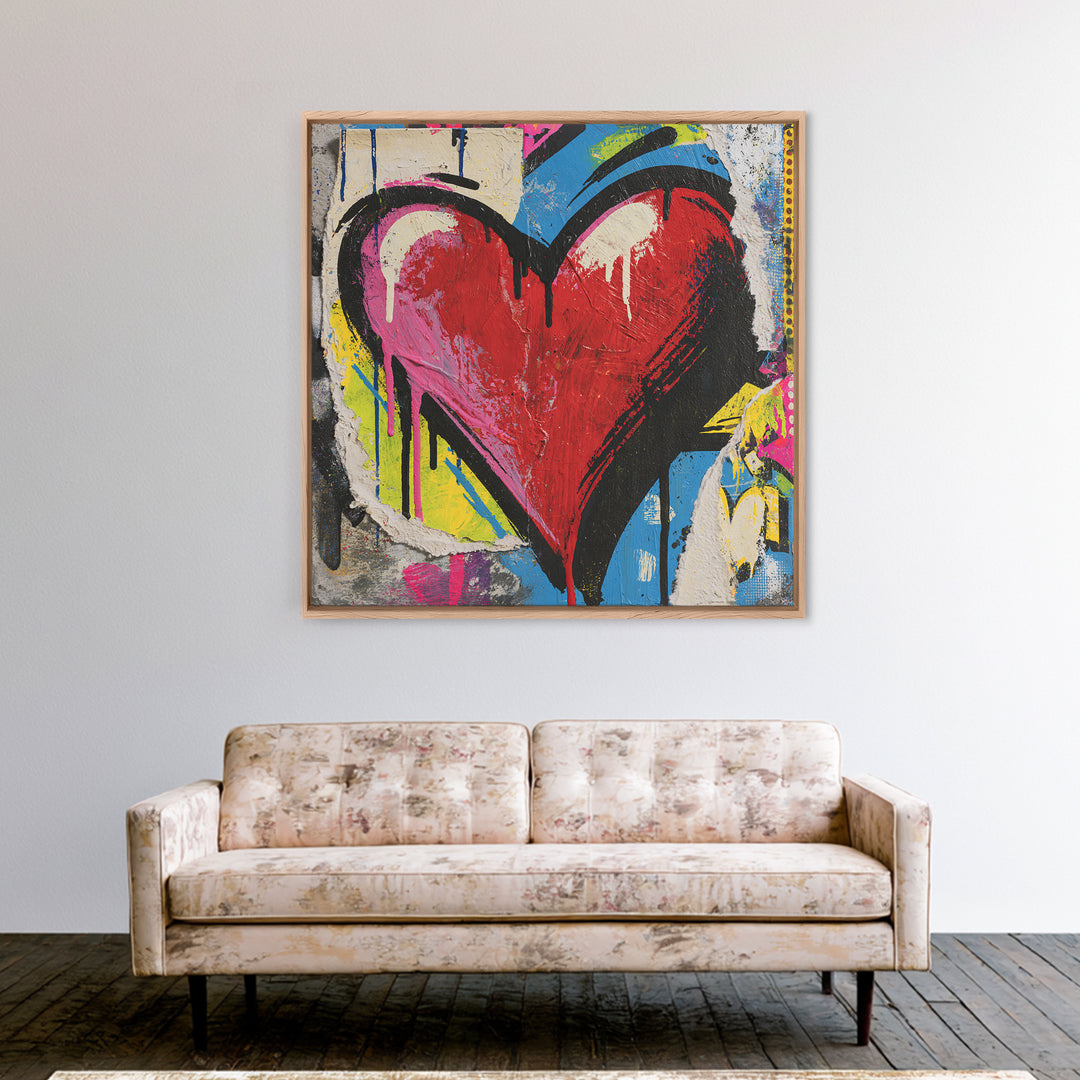 Neon Heart with Rough Drips Framed Canvas Print, Street Art, Abstract Art, Living Room Decor, Fine Art, Urban, Anime Art, STR-1x1-11