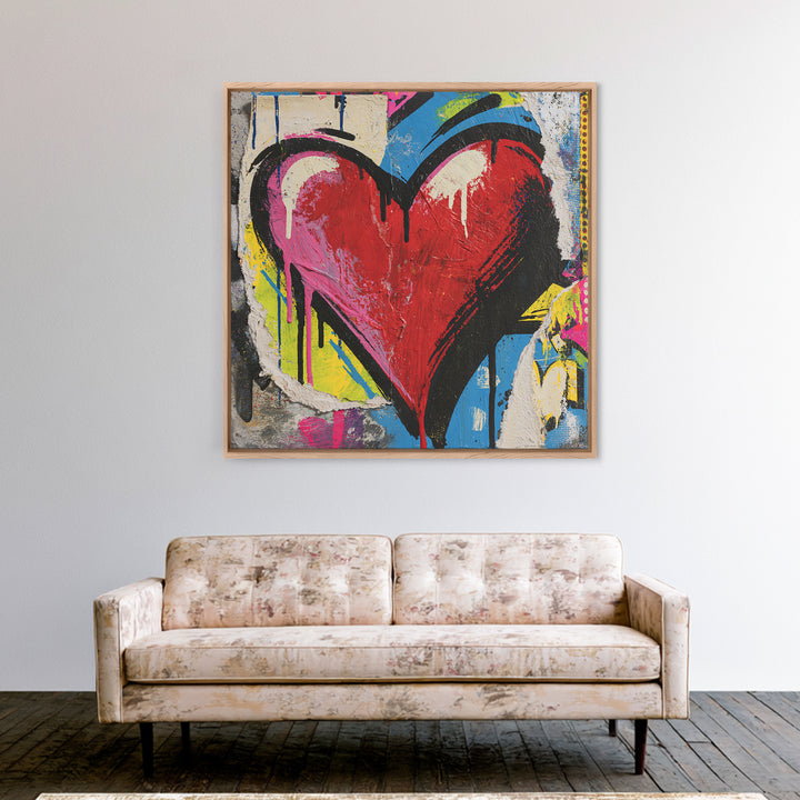 Neon Heart with Rough Drips Framed Canvas Print, Street Art, Abstract Art, Living Room Decor, Fine Art, Urban, Anime Art, STR-1x1-11