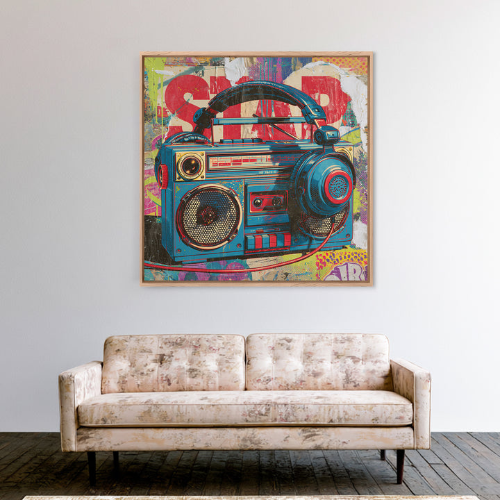 Boombox and Headphones Framed Canvas Print, Street Art, Textured Painting, Living Room Decor, Abstract Art, Urban, STR-1x1-33