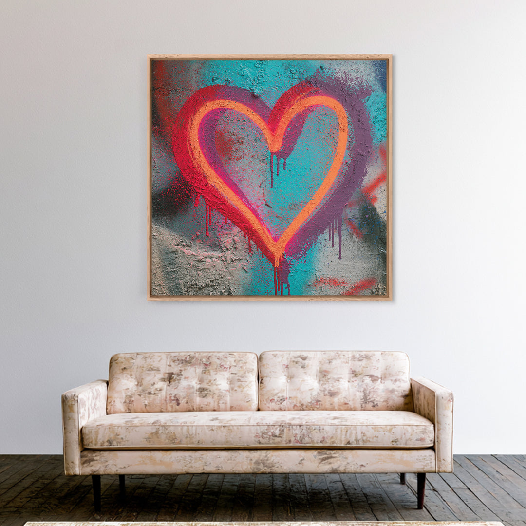 Neon Heart with Rough Drips Canvas Print, Street Art, Modern Art, Living Room Decor, Urban, Neutral Decor, Modern Decor, STR-1x1-35