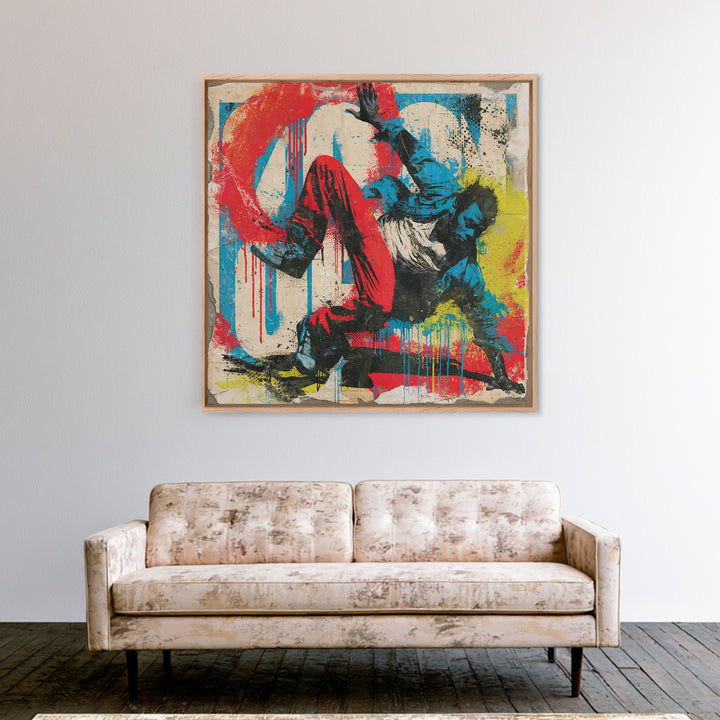 Breakdancer Frozen in Energetic Motion Framed Canvas Print, Street Art, Anime Art, Living Room Decor, Abstract Art, Urban, STR-1x1-42