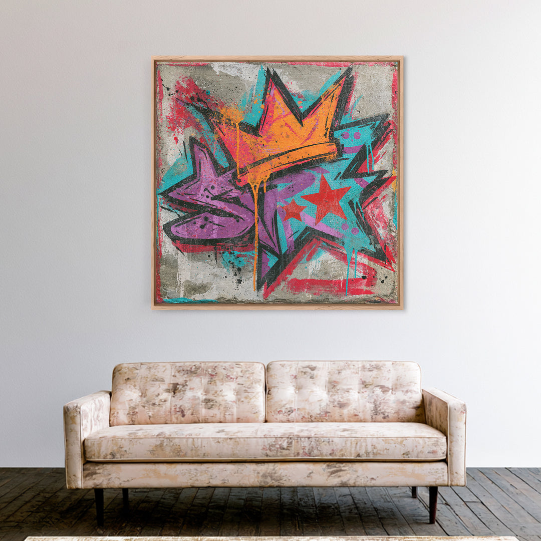 Drippy Crown and Stars Composition Framed Canvas Print, Street Art, Artwork, Living Room Decor, Fine Art, Urban, Pop Art, STR-1x1-44