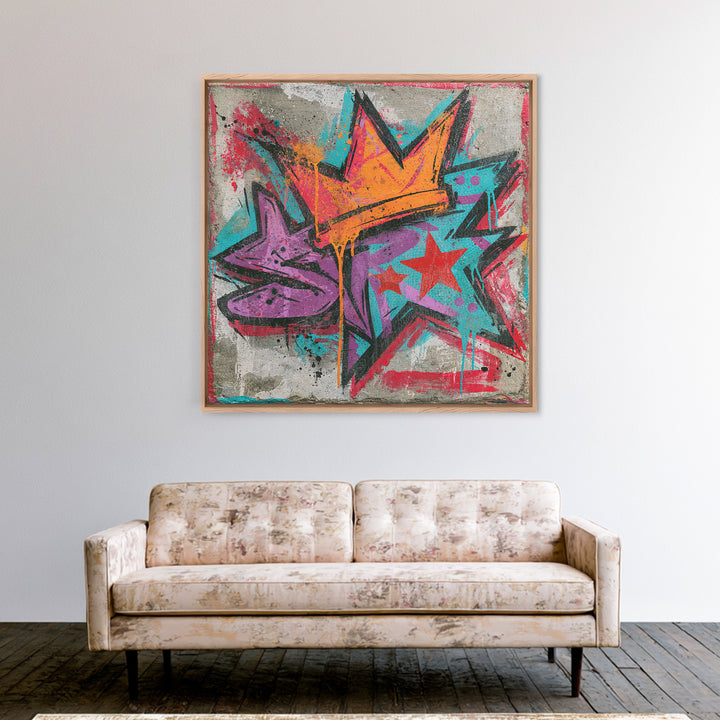 Drippy Crown and Stars Composition Framed Canvas Print, Street Art, Artwork, Living Room Decor, Fine Art, Urban, Pop Art, STR-1x1-44