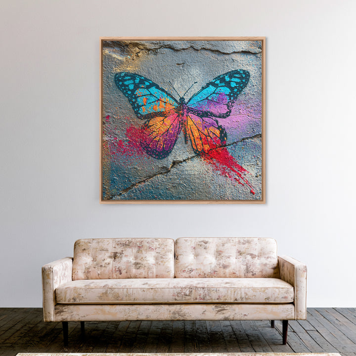 Spray Painted Butterfly on Cracked Concrete Framed Canvas Print, Street Art, Modern Wall Art, Living Room Decor, Urban, STR-1x1-47
