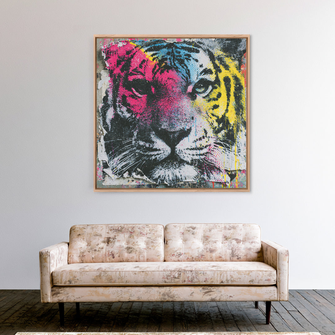 Spray Painted Tiger Face Framed Canvas Print, Street Art, Artwork, Living Room Decor, Fine Art, Urban, Pop Art, Banksy Wall Art, STR-1x1-56