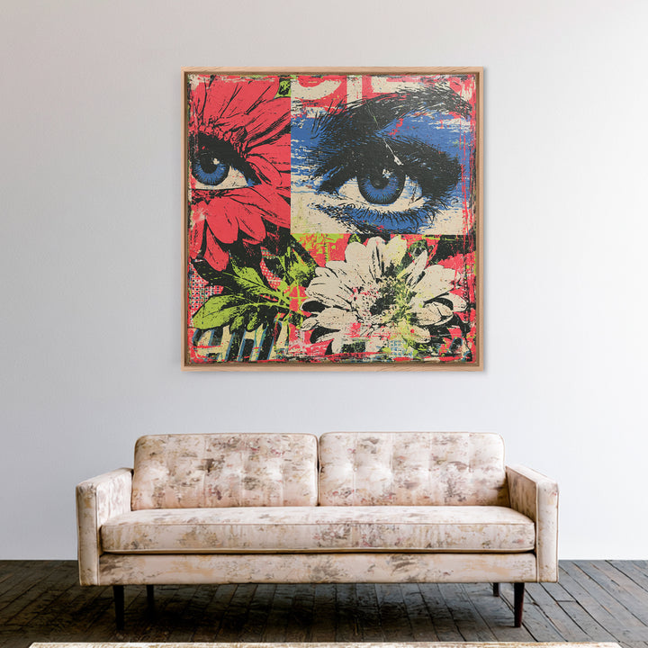 Paste Up Collage of Flowers and Eyes Framed Canvas Print, Street Art, Graffiti Art, Living Room Decor, Fine Art, Urban, STR-1x1-58