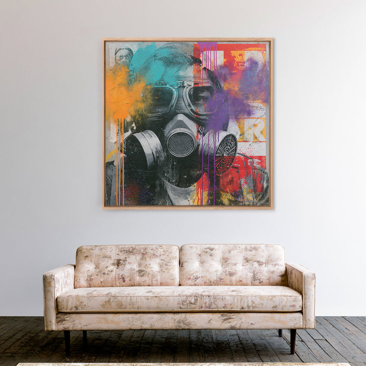 Masked Figure Surrounded by Aerosol Clouds Canvas Print, Street Art, Colorful Wall Art, Living Room Decor, Fine Art, Urban, STR-1x1-60