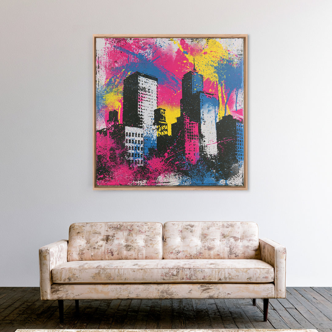 Urban Skyline Made from Stencil Layers Framed Canvas Print, Street Art, Gallery Decor, Living Room Decor, Fine Art, Urban, STR-1x1-62