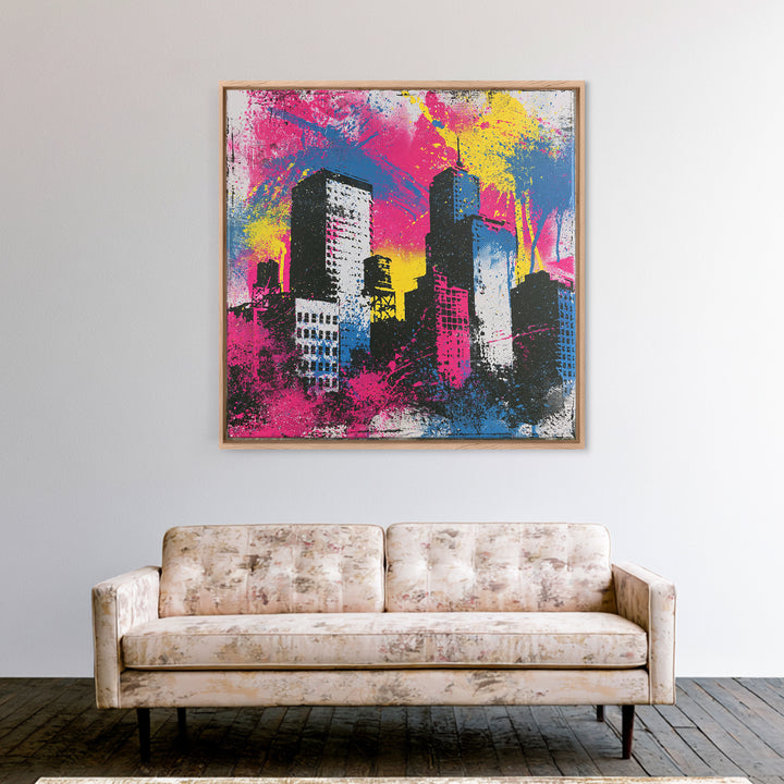 Urban Skyline Made from Stencil Layers Framed Canvas Print, Street Art, Gallery Decor, Living Room Decor, Fine Art, Urban, STR-1x1-62