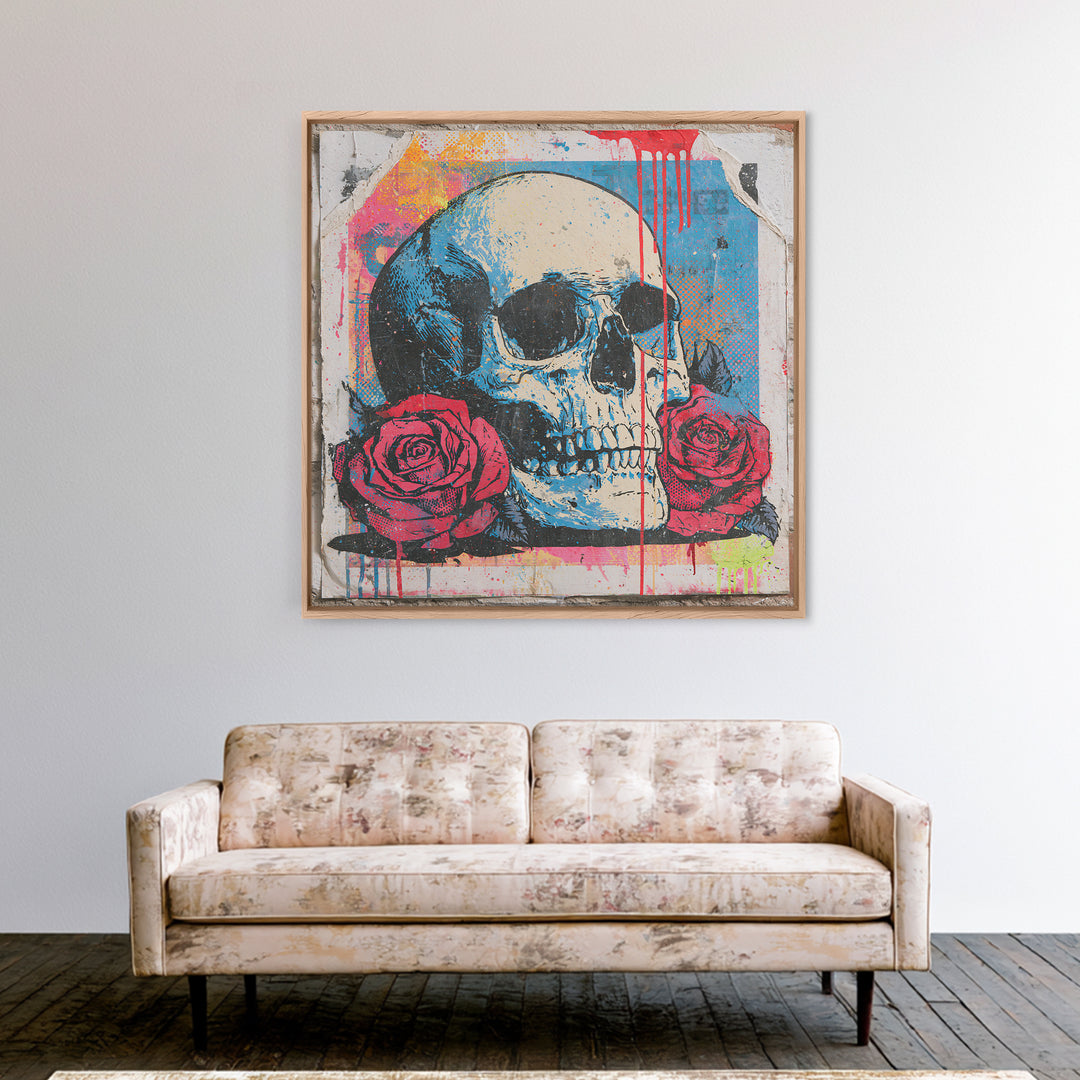 Skull with Roses in Street Mural Style Framed Canvas Print, Street Art, Abstract Painting, Living Room Decor, Fine Art, Urban, STR-1x1-64