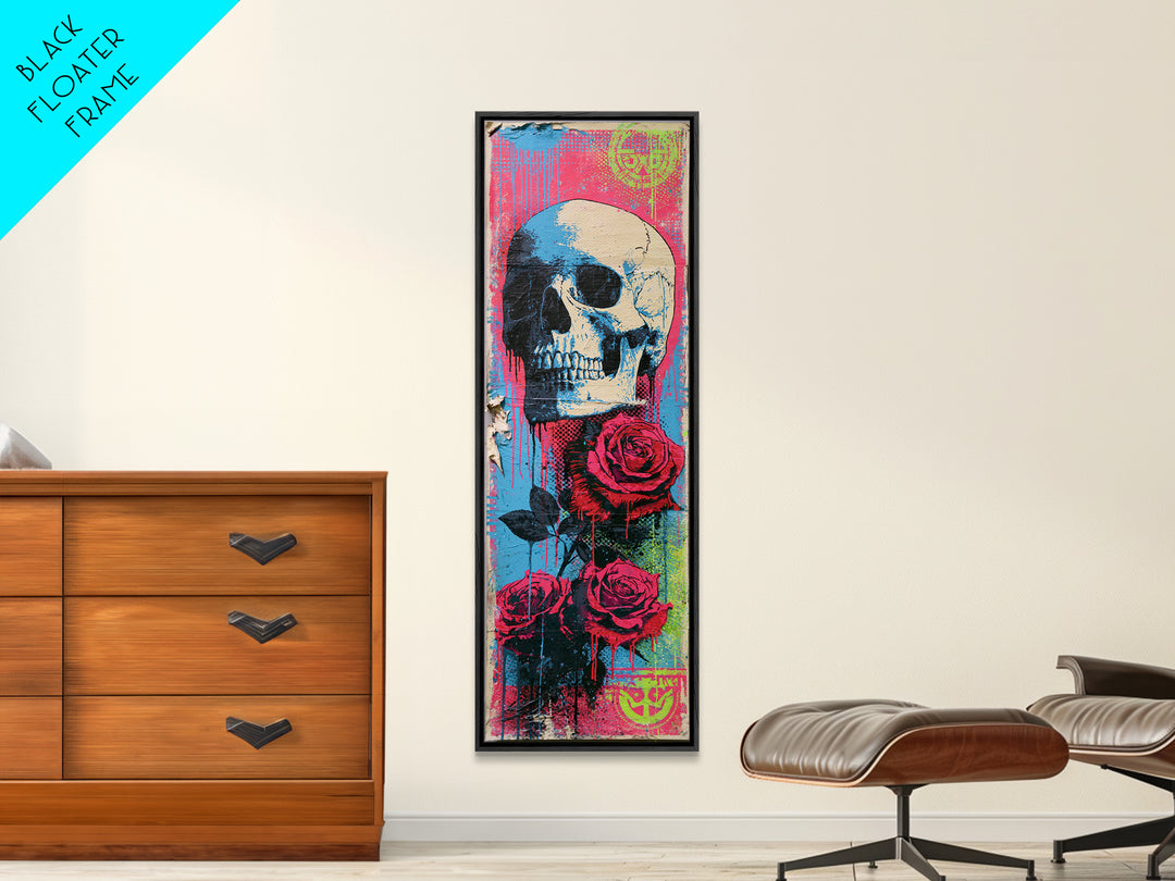 Skull with Roses in Street Mural Style Framed Canvas Print, Street Art, Large Wall Art, Living Room Decor, Fine Art, Urban, STR-1x3-52