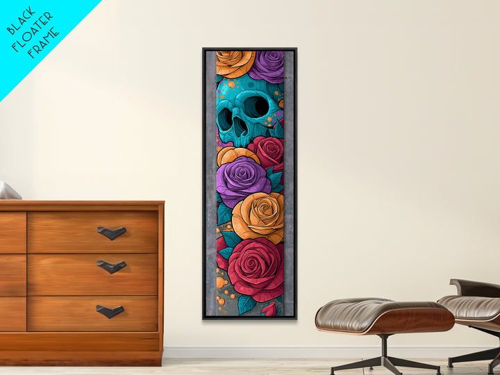 Skull with Roses in Street Mural Style Framed Canvas Print, Street Art, Bar Art, Living Room Decor, Oil Painting, Urban, STR-1x3-76