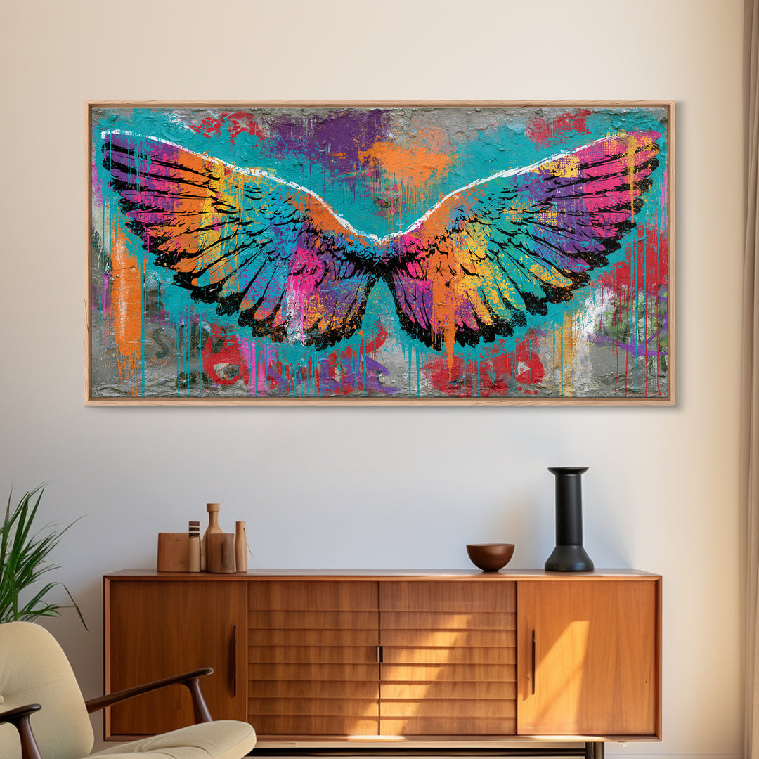 Graffiti Angel Wings Framed Canvas Print, Street Art, Canvas, Living Room Decor, Fine Art, Urban, Colorful Wall Art, Bar Art, STR-2x1-1