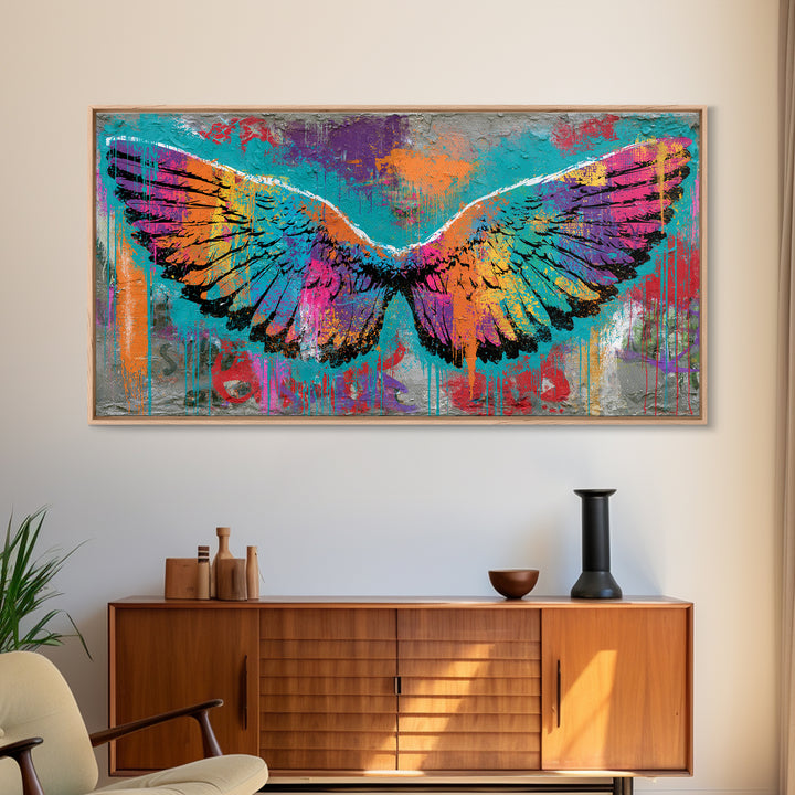 Graffiti Angel Wings Framed Canvas Print, Street Art, Canvas, Living Room Decor, Fine Art, Urban, Colorful Wall Art, Bar Art, STR-2x1-1