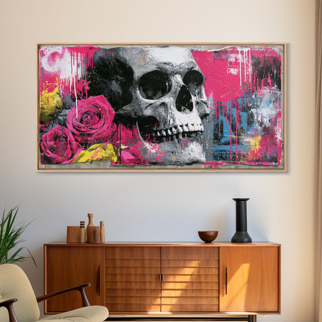Skull with Roses in Street Mural Style Framed Canvas Print, Street Art, Art Print, Living Room Decor, Fine Art, Urban, STR-2x1-12
