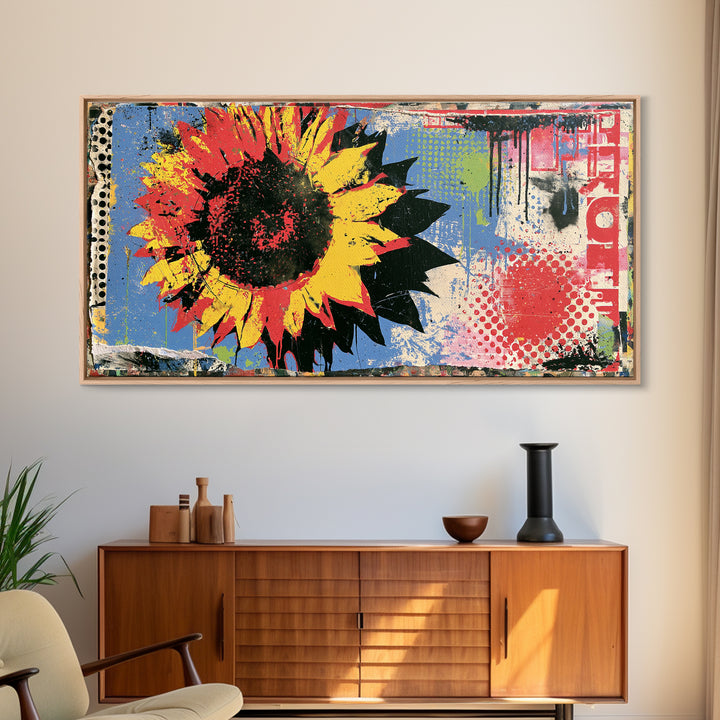 Street Mural Sunflower Framed Canvas Print, Street Art, Statement Artwork, Living Room Decor, Fine Art, Urban, Wall Decor, STR-2x1-20