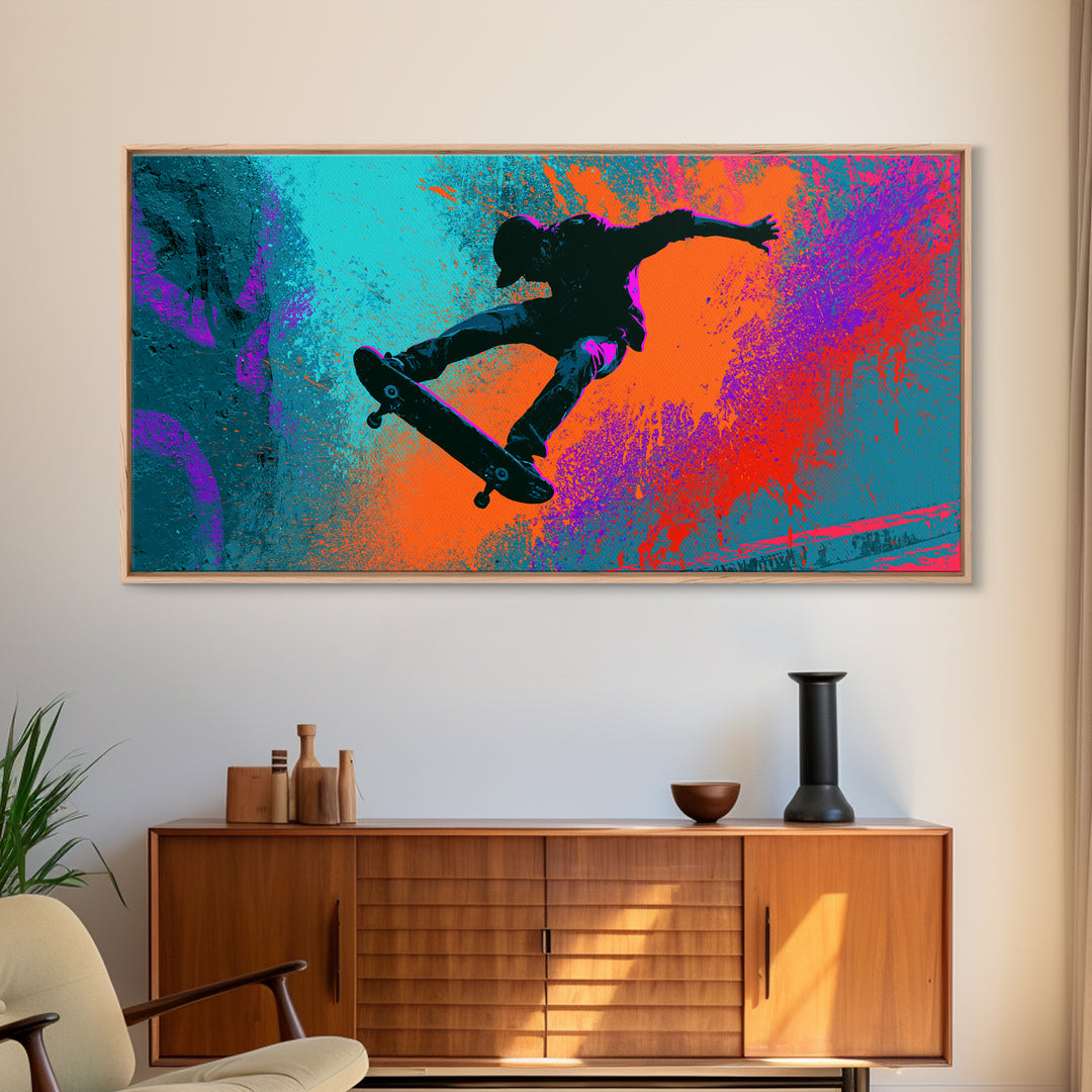 Skateboarder Silhouette over Neon Splashes Framed Canvas Print, Street Art, Living Room Decor, Watercolor Art, Urban, STR-2x1-23