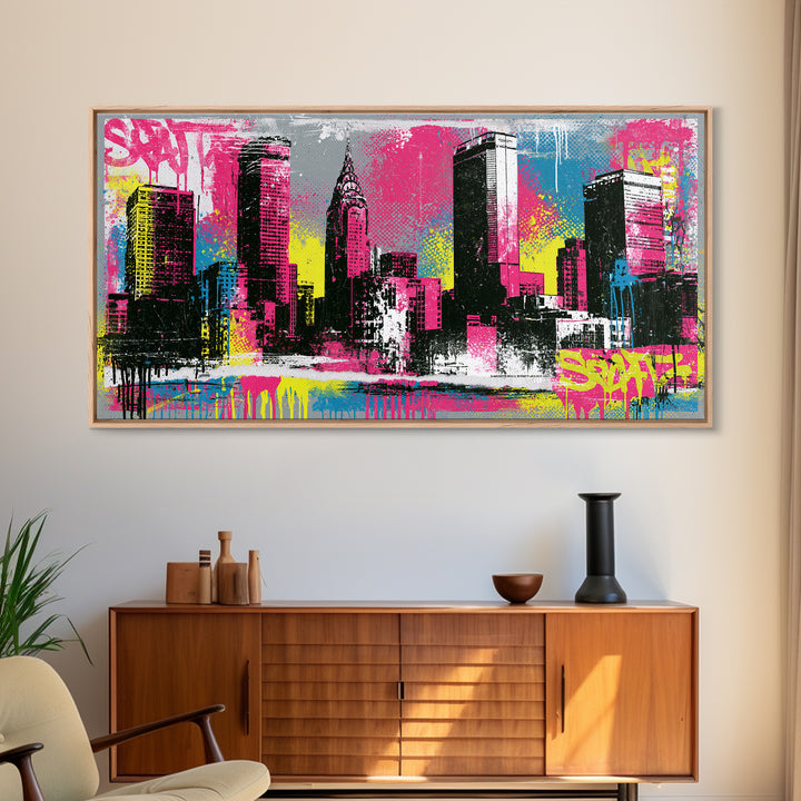 Urban Skyline Made from Stencil Layers Framed Canvas Print, Street Art, Minimalist Decor, Living Room Decor, Abstract Art, STR-2x1-34