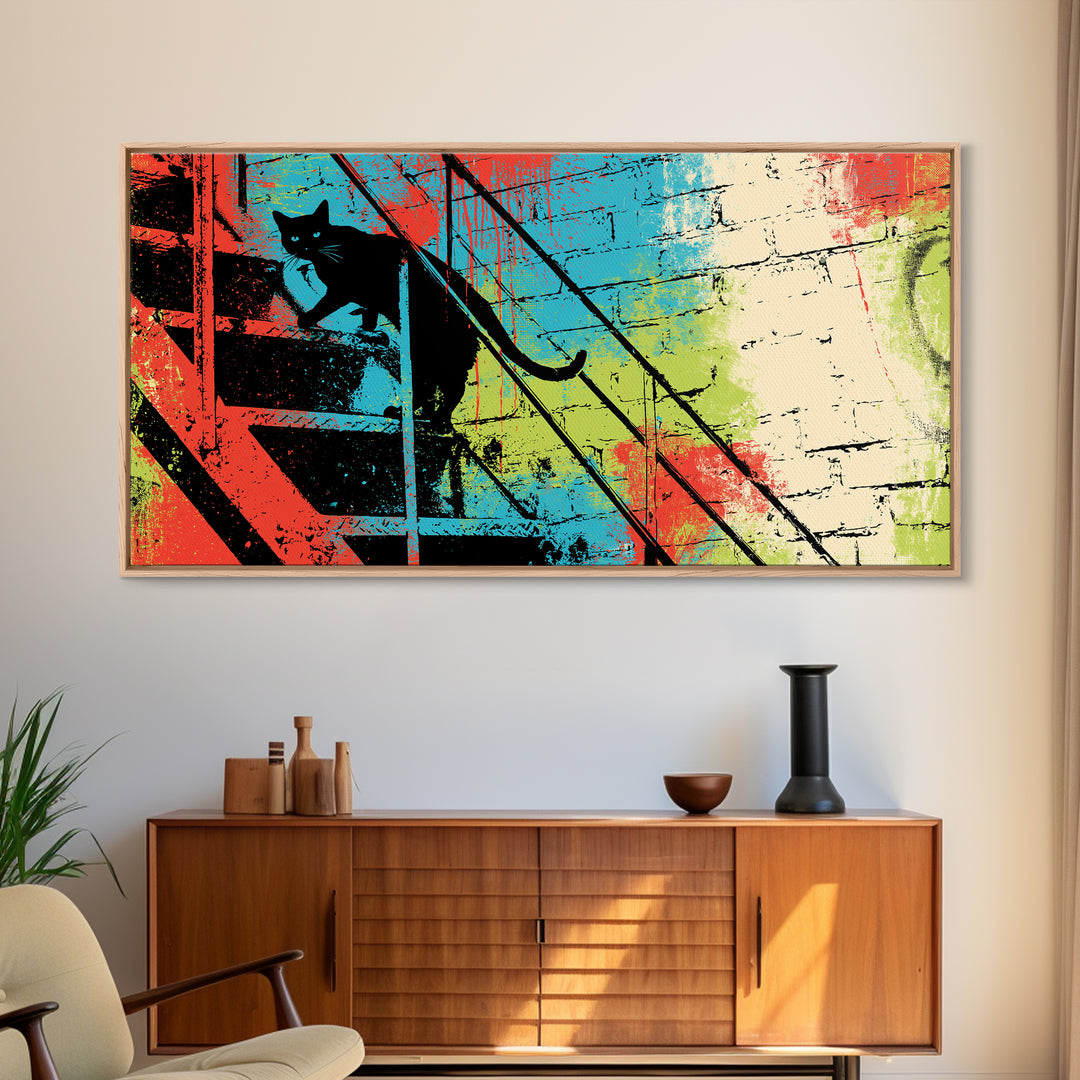 Black Cat on Fire Escape Silhouette Canvas Print, Street Art, Wall Hangings, Living Room Decor, Oil Painting, Urban, Modern Art, STR-2x1-39