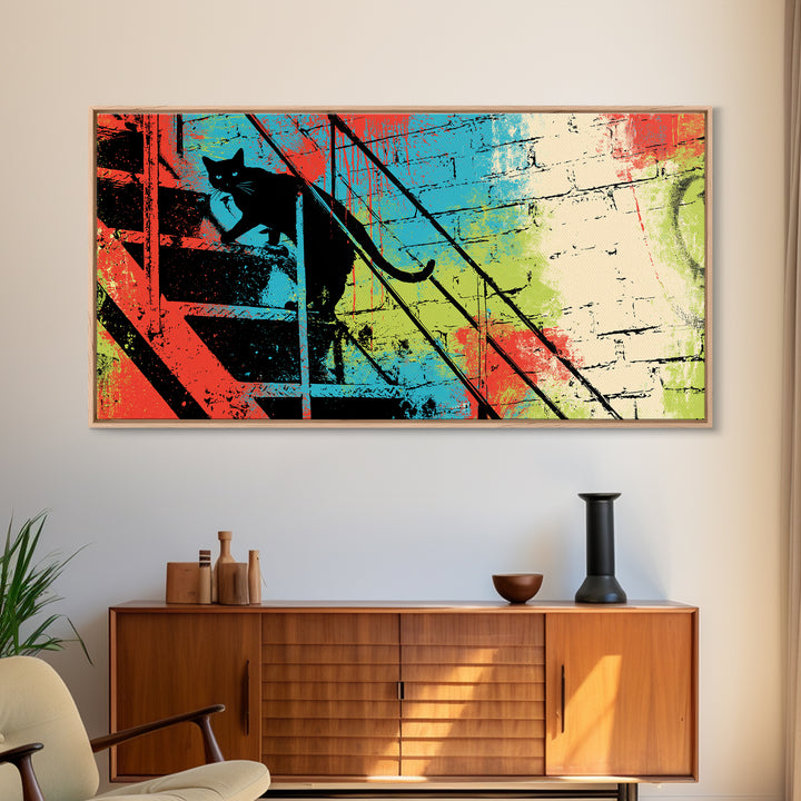 Black Cat on Fire Escape Silhouette Canvas Print, Street Art, Wall Hangings, Living Room Decor, Oil Painting, Urban, Modern Art, STR-2x1-39