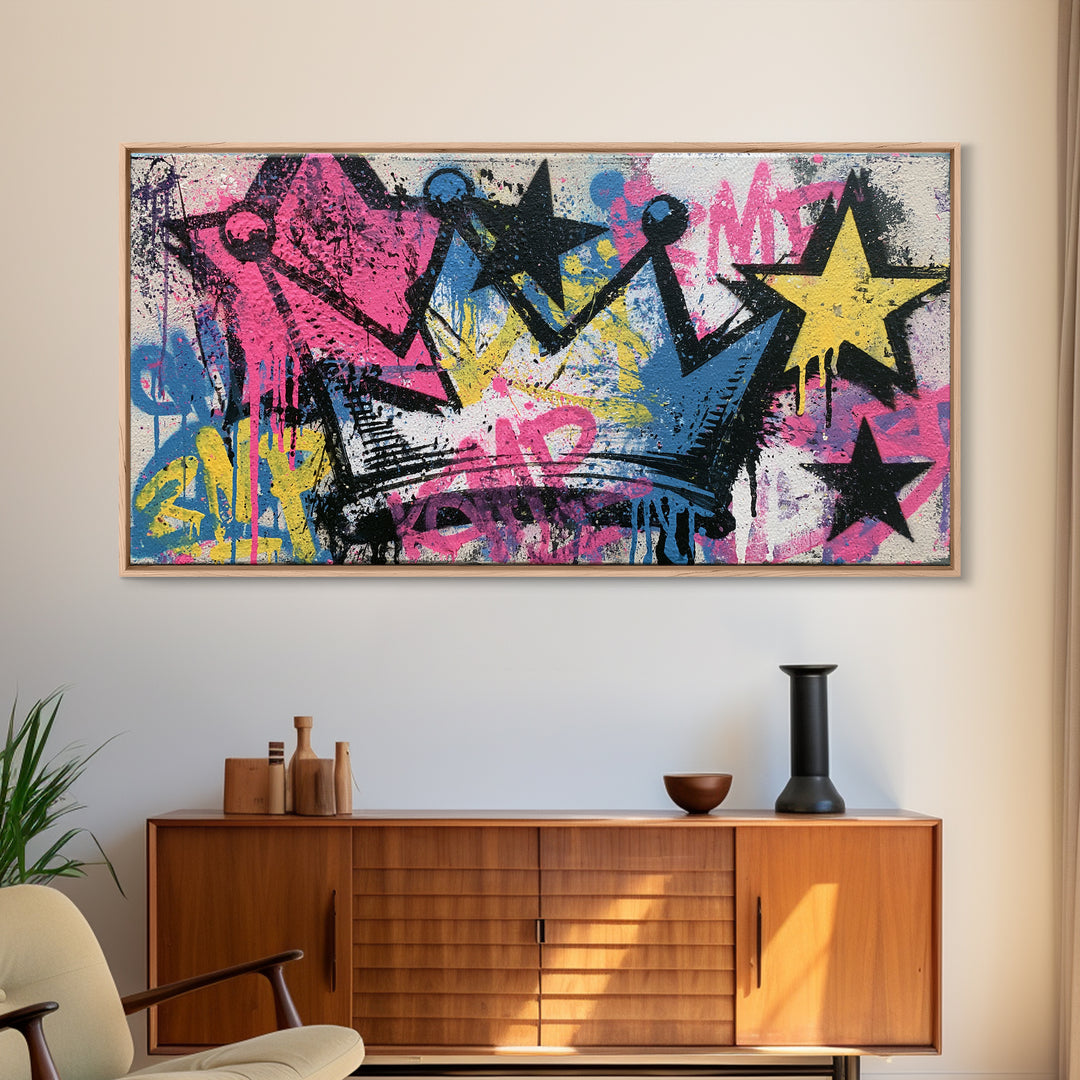 Drippy Crown and Stars Composition Framed Canvas Print, Street Art, Poster, Living Room Decor, Fine Art, Urban, Poster Prints, STR-2x1-40