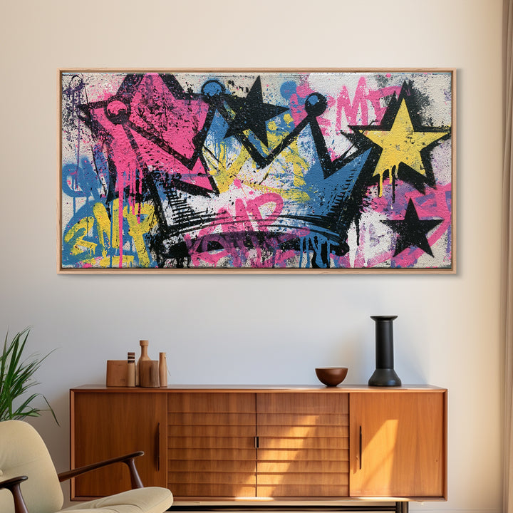 Drippy Crown and Stars Composition Framed Canvas Print, Street Art, Poster, Living Room Decor, Fine Art, Urban, Poster Prints, STR-2x1-40