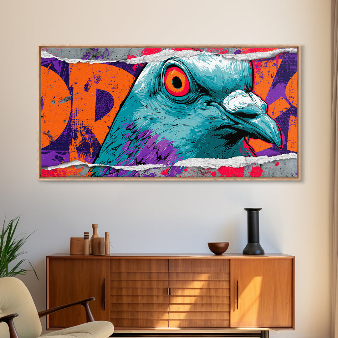 City Pigeon with Attitude and Comic Charm Framed Canvas Print, Street Art, Watercolor Painting, Living Room Decor, STR-2x1-51