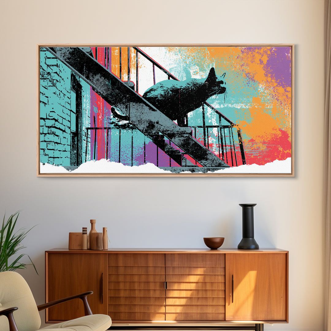 Black Cat on Fire Escape Silhouette Canvas Print, Street Art, Abstract Painting, Living Room Decor, Urban, Gallery Decor, STR-2x1-63