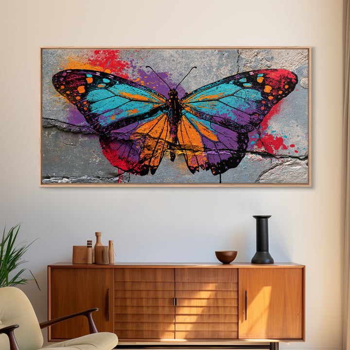 Spray Painted Butterfly on Cracked Concrete Framed Canvas Print, Street Art, Artwork, Living Room Decor, Fine Art, Urban, STR-2x1-91