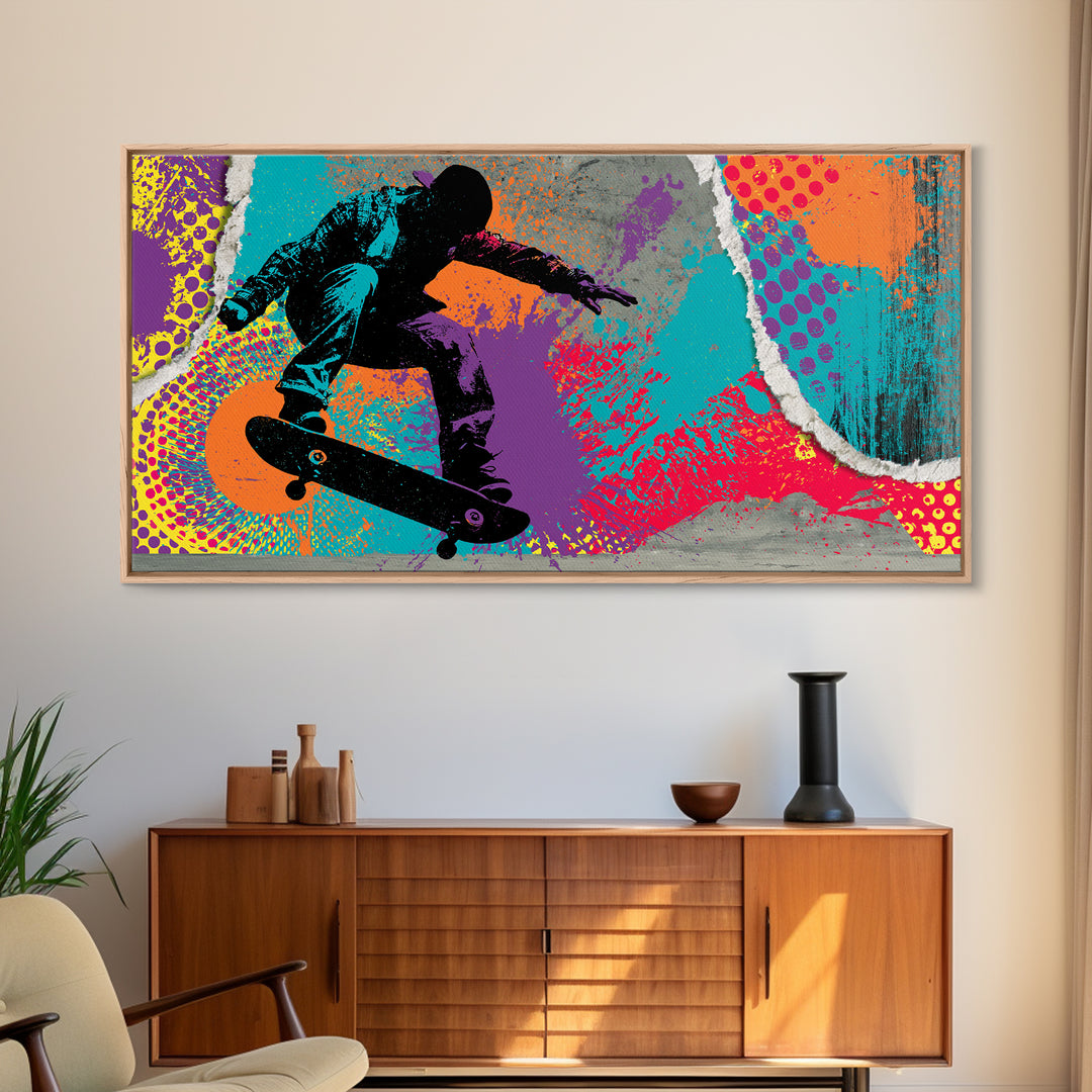Skateboarder Silhouette over Neon Splashes Framed Canvas Print, Street Art, Neutral Decor, Living Room Decor, Fine Art, Urban, STR-2x1-95